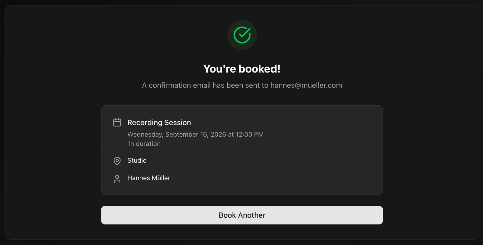 Confirmation screen: a green check, a booked headline, the session details and a Book Another button
