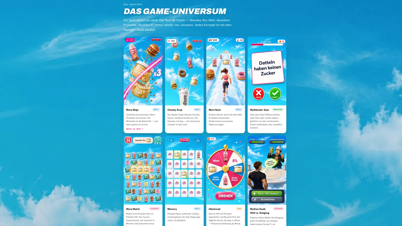 The More Arcade page: eight phone-sized game screens on a sky background, More Ninja marked live, the others as concepts